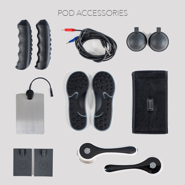 INCLUDES: A black cable with red and blue connectors, two round cups (color may vary), a black fabric belly band, two black handheld wand LG and SM, two black foot pads, a silver rectangular pad, two small black rubber pads, shape may vary.
