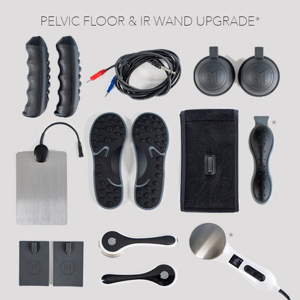 Pelvic floor and IR wand upgrade kit, including black textured pelvic floor, a black cable with red and blue connectors, two round cups (color may vary), a black fabric belly band, two black handheld wand LG and SM, two black foot pads, a silver rectangular pad, two small black rubber pads, shape may vary, and an IR Heated wand handheld with a graphite head.